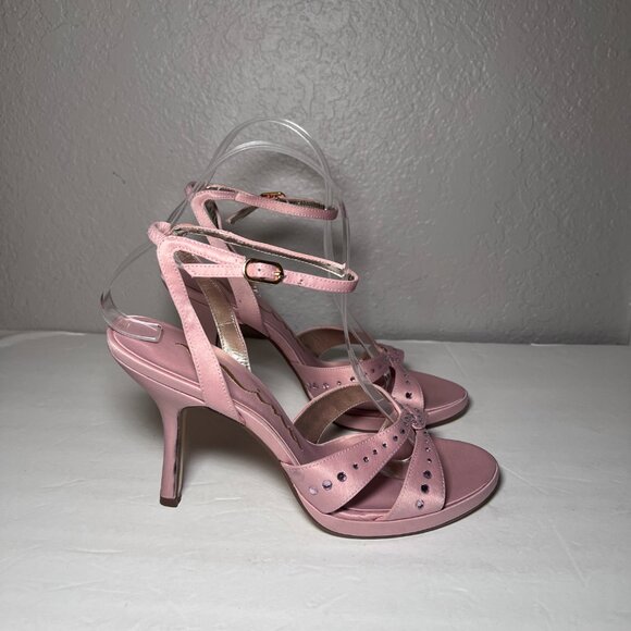 Nina Pink Pearl Rose Satin High Heels Strappy Rhinestone Embellished - Picture 2 of 11